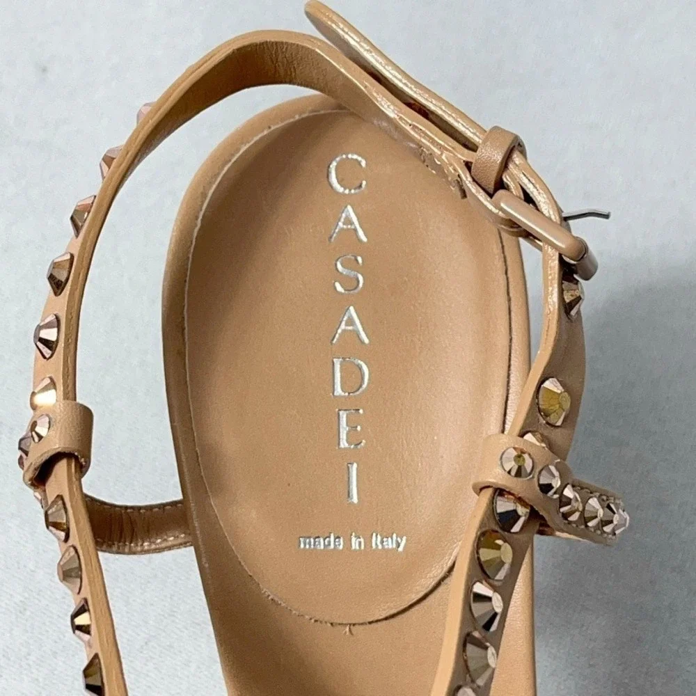 Casadei Heels 9 B Tan Strappy Sandals Stud Crystals Never Worn